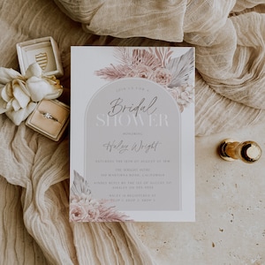Boho Beige Arch Bridal Shower Invite, Floral Arch Editable Invitation, Instant Download, Fan Palms, Blush Florals, Printable Invite, BD145 image 1