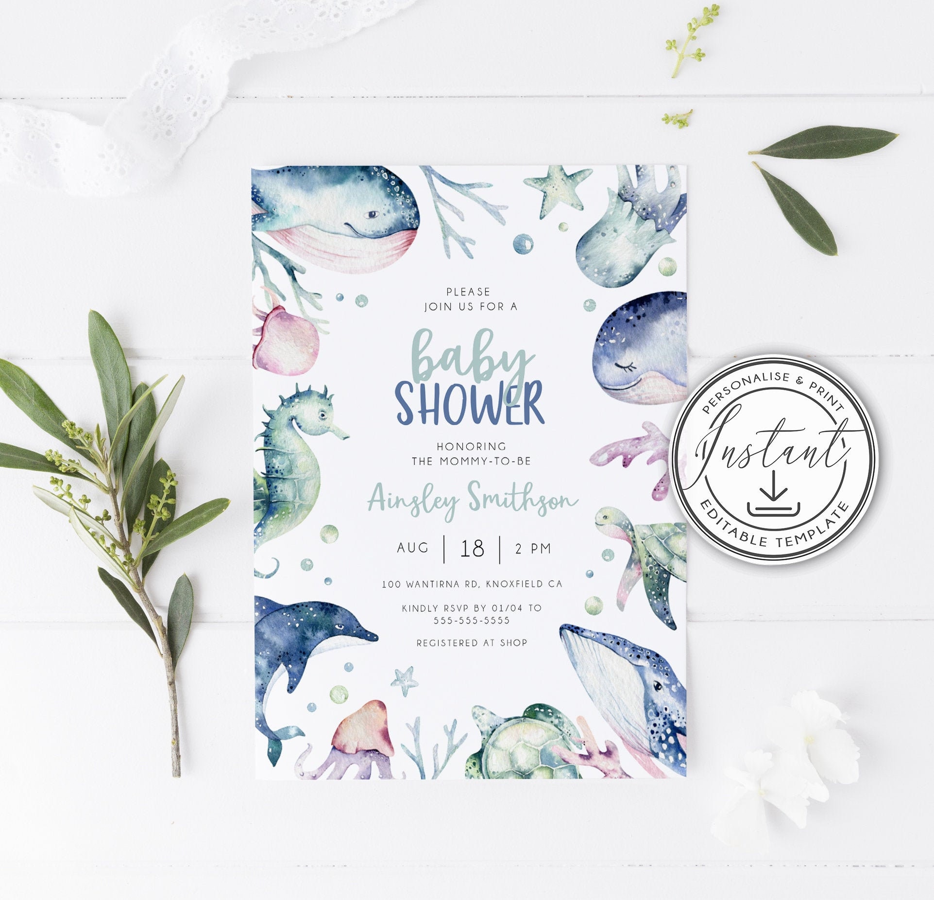 Ocean & Sea Baby Shower Invitation Editable Template Ocean - Etsy