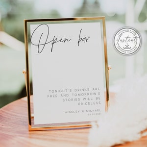 Minimalist Open Bar Wedding Sign, Modern Wedding Signage, Instant Download, Printable Sign, Editable Template, Minimal Wedding - BD108