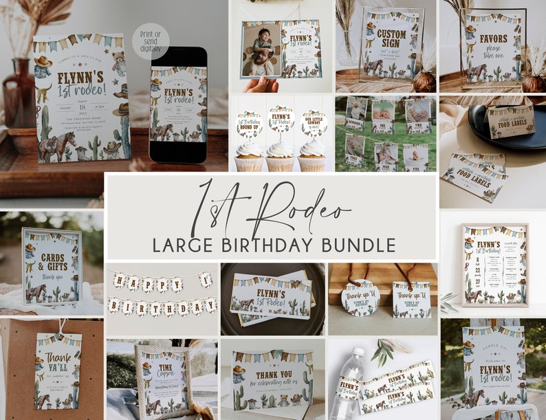 May include: A large printable bundle of 1st rodeo party decorations. The bundle includes invitations, food labels, thank you tags, a custom sign, a banner, cupcake toppers, and more. The decorations feature a watercolor cactus and cowboy boot design with a light blue, brown, and white color scheme.
