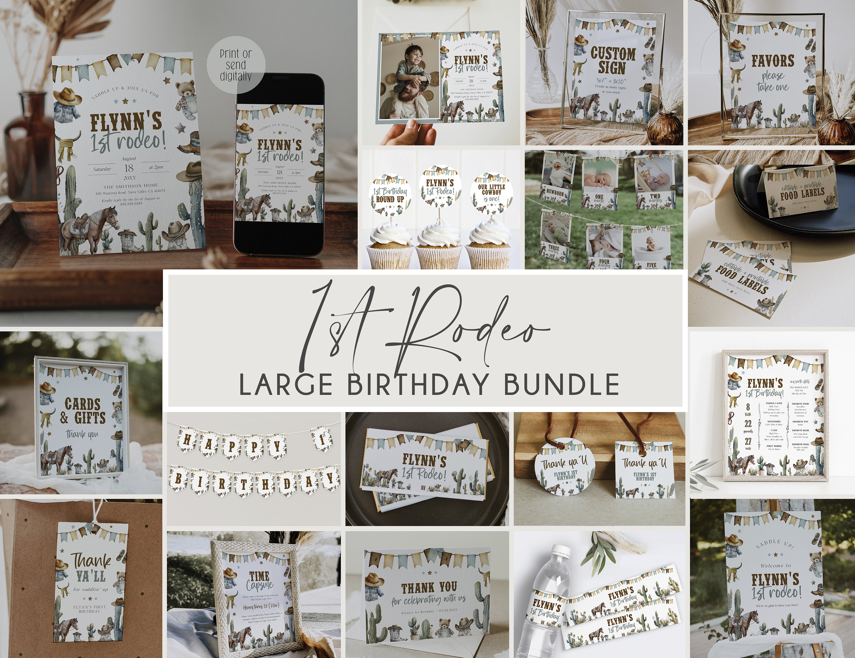 First Rodeo Birthday Invitation Bundle, Country Western Boy 1st Birthday Invite Suite, Rodeo Invitation, Printable Invitation, Evite, BD185