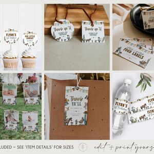 May include: Printable party decorations for a first birthday with a cowboy theme. The set includes cupcake toppers, food labels, water bottle labels, thank you tags, and a banner with photos of the baby. The colors are brown, green, blue, and white.