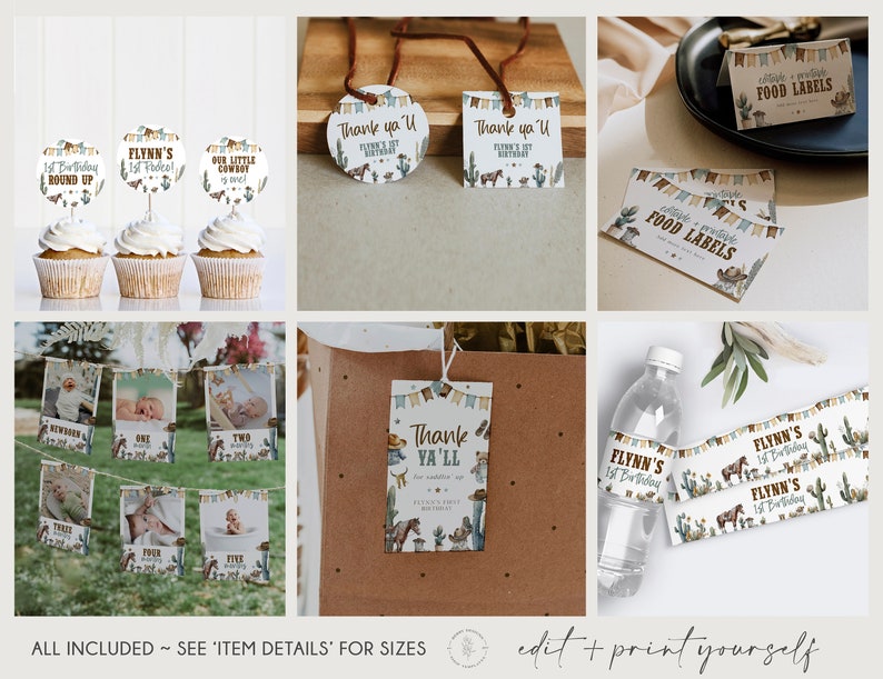 May include: Printable party decorations for a first birthday with a cowboy theme. The set includes cupcake toppers, food labels, water bottle labels, thank you tags, and a banner with photos of the baby. The colors are brown, green, blue, and white.