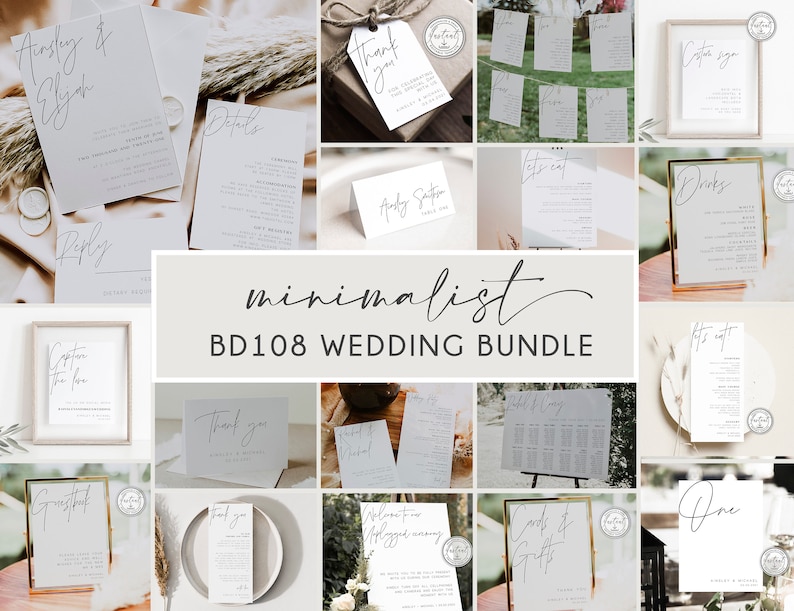 Minimalist Wedding Bundle, Modern Wedding Template Bundle, DIY Wedding Download, Simple Black & White, Printable Invitation Bundle, BD108 image 1