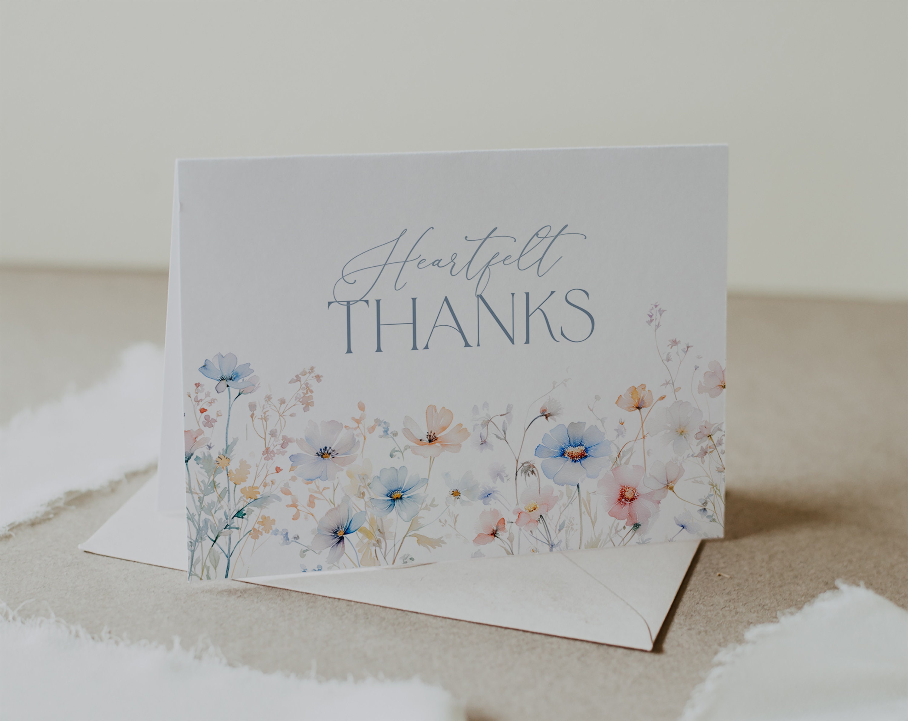 Blue Wildflower Thank You Card Template, Dusty Blue Watercolor Floral ...