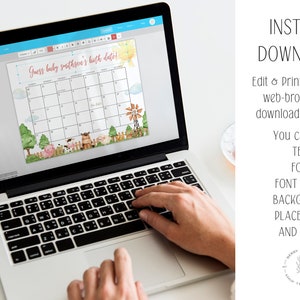 May include: A laptop computer displaying a printable baby shower game. The game is a calendar with the text "Guess baby Smithson's birth date!" and a farm animal theme. The game can be edited and printed from a web browser.