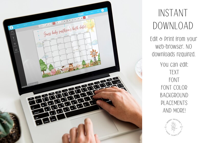 May include: A laptop computer displaying a printable baby shower game. The game is a calendar with the text "Guess baby Smithson's birth date!" and a farm animal theme. The game can be edited and printed from a web browser.