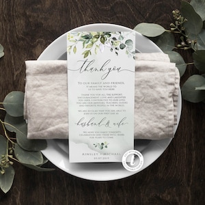 Plantilla de nota de agradecimiento para boda, rústica, con vegetación y eucalipto, para mesa de boda, editable, descarga instantánea, BD44