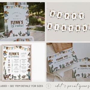 May include: Printable set of western-themed party decorations for a first birthday. The set includes a welcome sign, a banner, a thank you card, and a printable poster with details about the birthday child. The decorations feature a watercolor cactus and cowboy theme with brown, blue, and white colors.