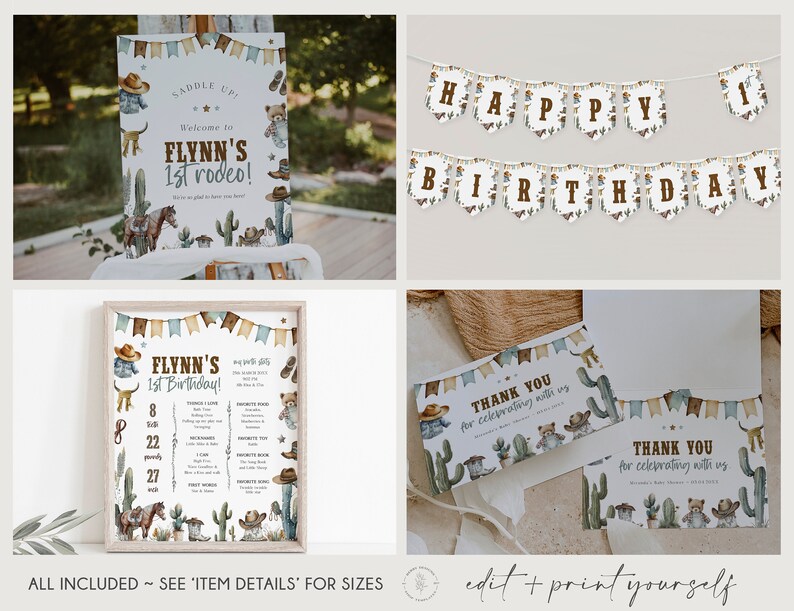 May include: Printable set of western-themed party decorations for a first birthday. The set includes a welcome sign, a banner, a thank you card, and a printable poster with details about the birthday child. The decorations feature a watercolor cactus and cowboy theme with brown, blue, and white colors.
