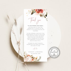 Plantilla de nota de agradecimiento para boda rústica de otoño, decoración de mesa bohemia otoñal, tarjeta de mesa, descarga instantánea, imprimible - BD109