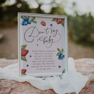 Strawberry Don&#39;t Say Baby Editable Sign Template, Berry Sweet Baby Shower Sign, Strawberry Baby Shower, Printable Sign, Summer Baby, BD128