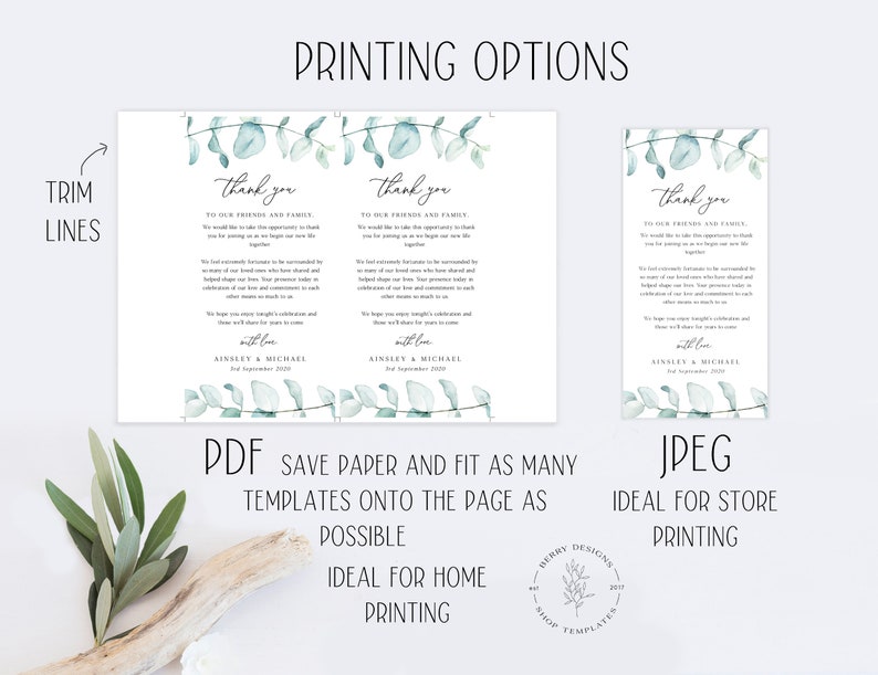 Rustic Wedding Thank You Notes Eucalyptus Wedding Thank You Folded Card Editable Template Watercolor Greenery Printable Cards Boho- BD94