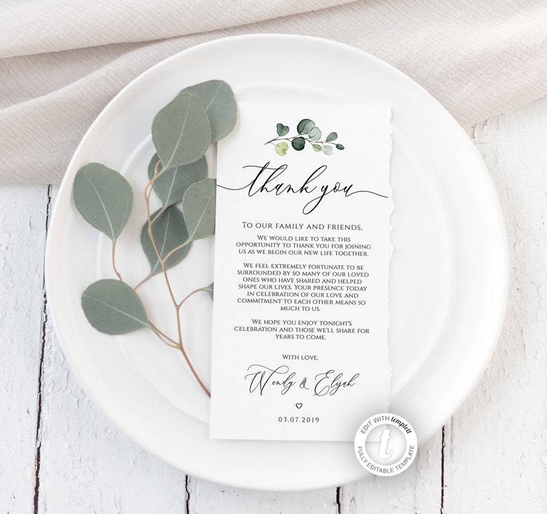 Wedding Thank You Note Template Rustic Greenery Eucalyptus Etsy