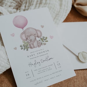 Pink Elephant Baby Shower Invitation, Girl Baby Shower Editable Invite, Mother & Baby Elephant Invitation, Printable Invite, Cute, BD179