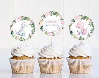 6 Pastel Dinosaur Cupcake Topper Template, Girls Dinosaur Birthday Cupcake Toppers, Printable Toppers Dino Bday Decor Pink Purple Dino BD214