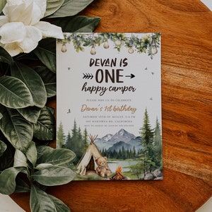 One Happy Camper First Birthday Invitation Template, 1st Birthday Camping Invite, Camp Themed Editable Invite, Printable Invite, Evite BD196