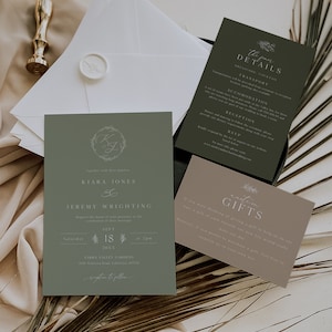 Monogram Olive Green Wedding Invitation Template, Botanical Earthy Tones Wedding Invitation Template, Editable Wedding Invite, Printable