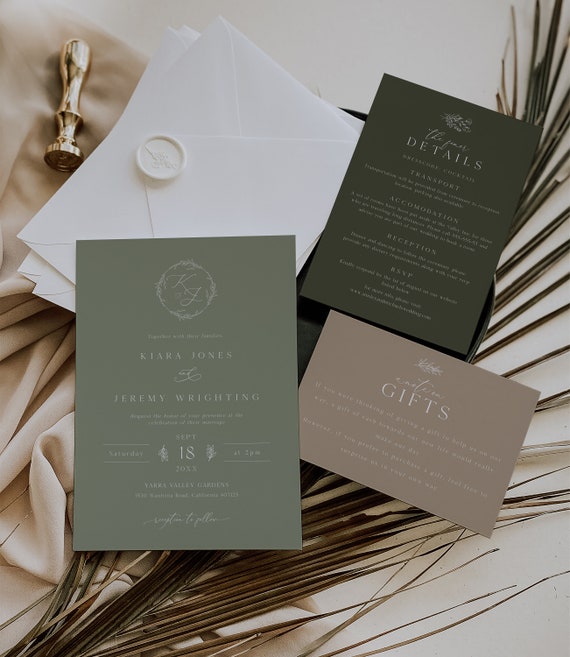 Monogram Olive Green Wedding Invitation Template Botanical | Etsy