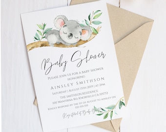 Plantilla de invitación para baby shower con diseño de koalas (descarga instantánea)