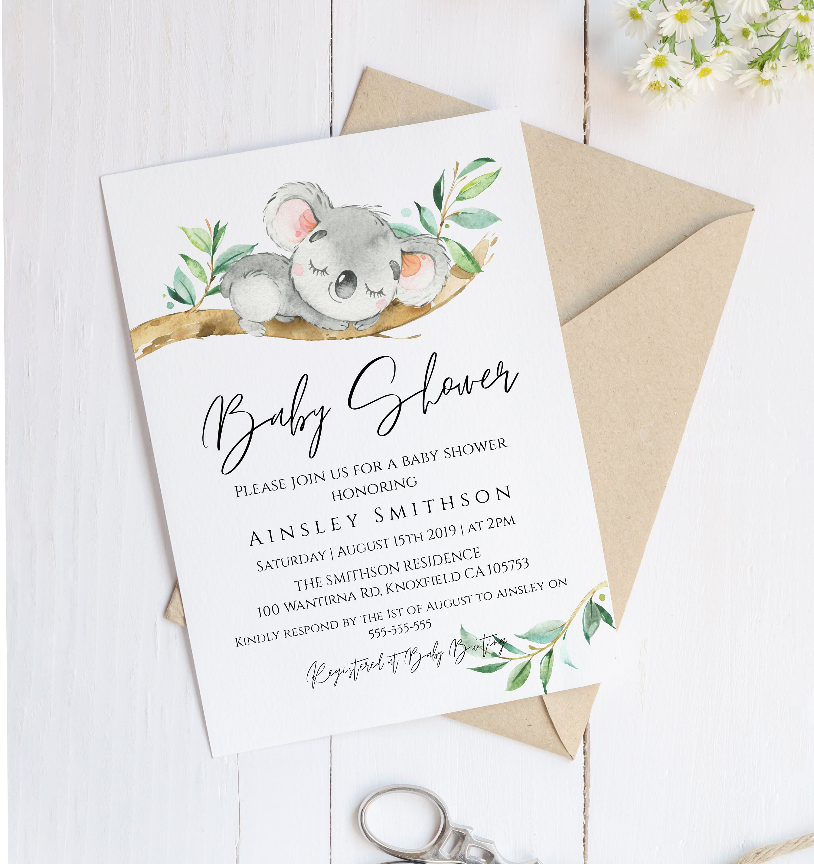 Baby Shower Invitation Editable Template Invite Baby Koala Etsy Australia
