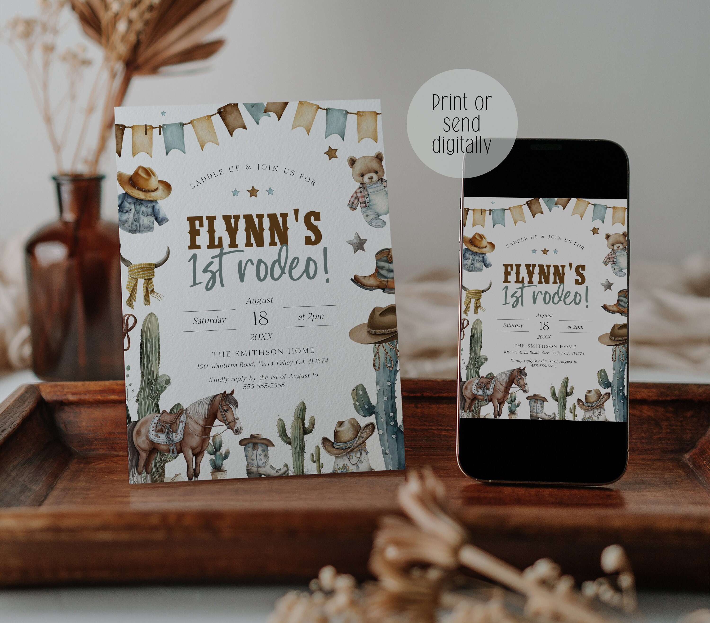 First Rodeo 1st Birthday Invitation Template – Editable Country Western Boy Party Invite, Printable Download, 1st Birthday Evite, BD185
