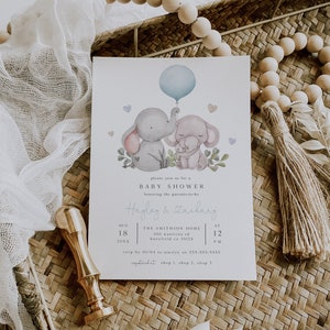 Modello di invito per baby shower a tema elefante, invito per baby shower a tema elefante per coppia blu, invito stampabile per baby shower a tema palloncino blu, BD179