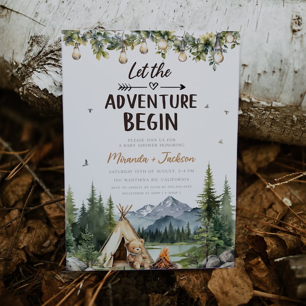 Let the Adventure Begin Baby Shower Invitation Template, Adventure Awaits Editable Invitation, Camping Themed Baby Shower, Printable, BD196