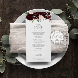 Plantilla editable de menú burdeos, menú de boda rústico, boda minimalista, decoración de mesas de boda, descarga instantánea, floral, imprimible - BD86