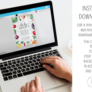 May include: A laptop screen displaying a printable baby advice card with a watercolor illustration of vegetables. The text on the card reads "baby advice" and "Please leave your advice for the new parents-to-be".