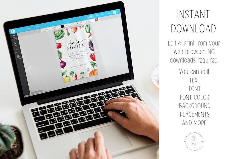 May include: A laptop screen displaying a printable baby advice card with a watercolor illustration of vegetables. The text on the card reads "baby advice" and "Please leave your advice for the new parents-to-be".