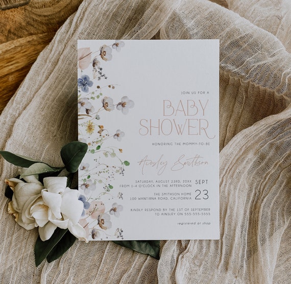 Wildflower Baby Shower Editable Invitation Template, Bohemian Baby Shower Invite, Floral Spring Baby Shower, Garden Flowers, Printable BD151