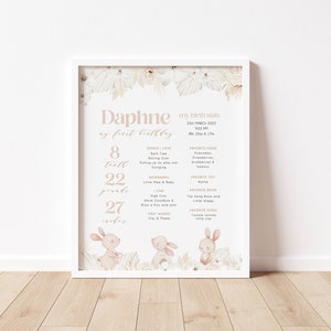 May include: A pink and white printable first birthday chart for a baby girl named Daphne. The chart lists her birth stats, including her weight, length, and favorite foods and activities. The chart is decorated with illustrations of bunnies and floral elements.