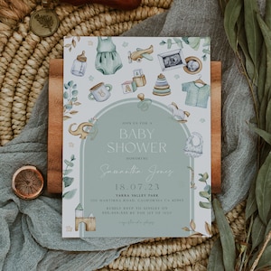 Cute Green Baby Shower Invitation, Modern Arch Baby Shower Editable Invitation, Gender Neutral, Instant Download, Printable Invite, #2 BD139