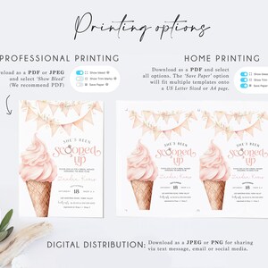 Puede incluir: Invitaci&oacute;n imprimible para una despedida de soltera con un cono de helado rosa y blanco con el texto "She's Been Scooped Up" y una guirnalda floral. La invitaci&oacute;n incluye el nombre de la novia, la fecha, la hora y el lugar.