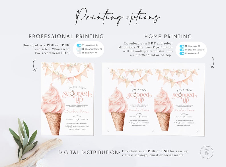 Puede incluir: Invitaci&oacute;n imprimible para una despedida de soltera con un cono de helado rosa y blanco con el texto "She's Been Scooped Up" y una guirnalda floral. La invitaci&oacute;n incluye el nombre de la novia, la fecha, la hora y el lugar.