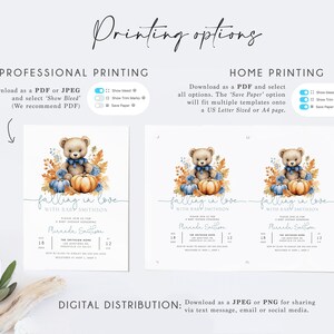 May include: A baby shower invitation featuring a watercolour illustration of a teddy bear holding a pumpkin. The invitation reads "falling in love with baby Smithson".