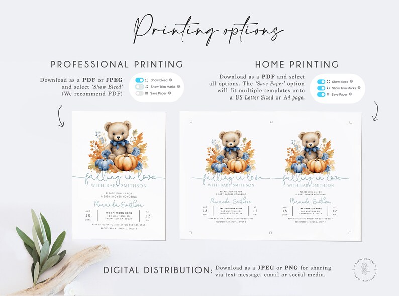May include: A baby shower invitation featuring a watercolour illustration of a teddy bear holding a pumpkin. The invitation reads "falling in love with baby Smithson".