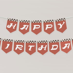 Plantilla de pancarta de feliz cumpleaños con tema de coche de carreras, decoración para fiesta de coche de carreras rojo, pancarta de cumpleaños imprimible, fiesta de coche de carreras vintage, decoración de cumpleaños, BD159