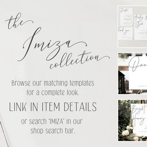 May include: A white background with black text that reads "the Imiza collection". Below the text is a description of the collection and a link to the shop search bar. The image also includes three smaller images of wedding signage with the text "One", "Bright & Happy", and "Welcome to our beginning".