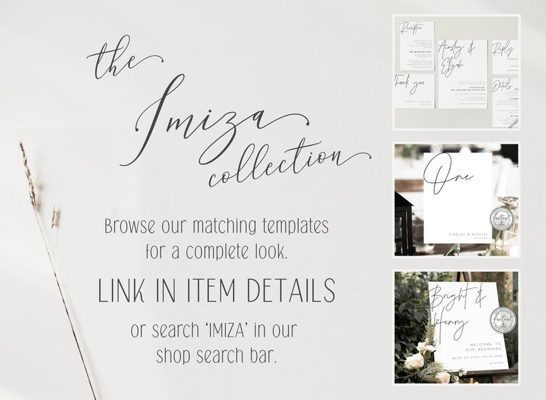 May include: A white background with black text that reads "the Imiza collection". Below the text is a description of the collection and a link to the shop search bar. The image also includes three smaller images of wedding signage with the text "One", "Bright & Happy", and "Welcome to our beginning".