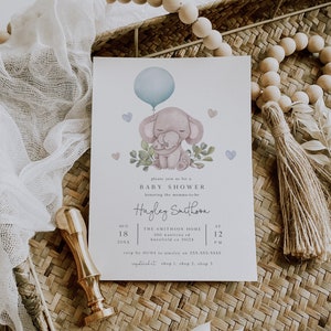 Elephant Baby Shower Invitation, Blue Boy Baby Shower Editable Invite, Mother & Baby Elephant Invitation, Printable Invite, Cute, BD179