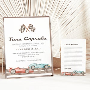 Race Car Time Capsule Sign Template, Race Car Birthday Sign, Editable Sign, Vintage Race Car Party, Blue + Red Race Car, Printable, BD159