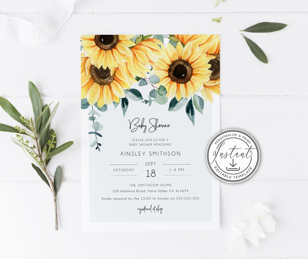 Sunflower Baby Shower Invitation Editable Template, Sunflower ...