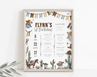 First Rodeo Milestone Birthday Poster, Country Western 1st Birthday Stats Board, Cowboy 1st Birthday Sign Printable Milestone Poster, BD185