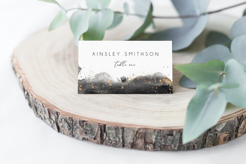 Black Watercolor Editable Name Cards Minimal BD119 Printable Modern Wedding Gold /& Black Wedding Place Cards Template Instant Download