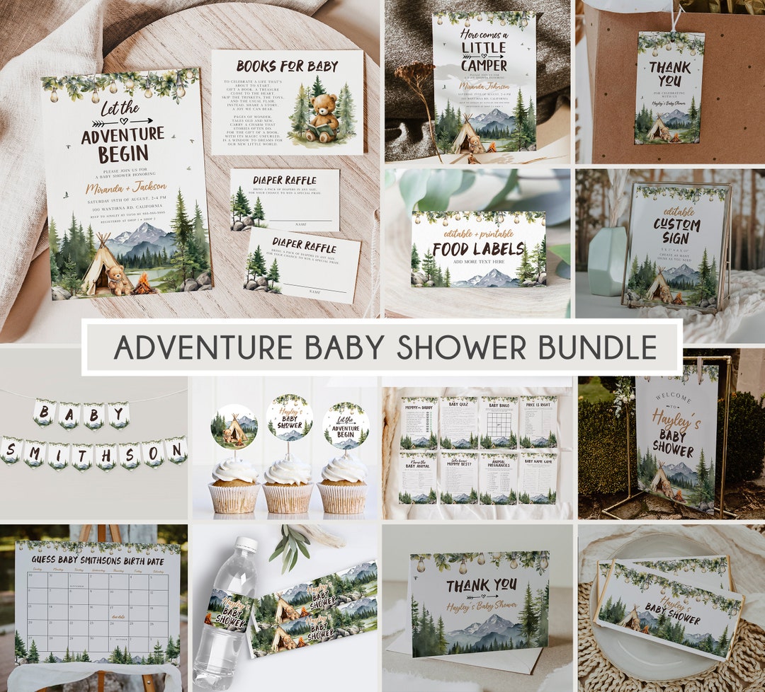 Let The Adventure Begin Baby Shower Invitation Bundle, Adventure Awaits Editable Invitation