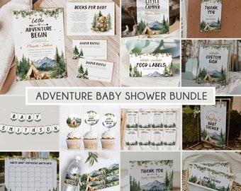 Let the Adventure Begin Baby Shower Invitation Bundle, Adventure Awaits Editable Invitation Suite Camping Themed Baby Shower Printable BD196