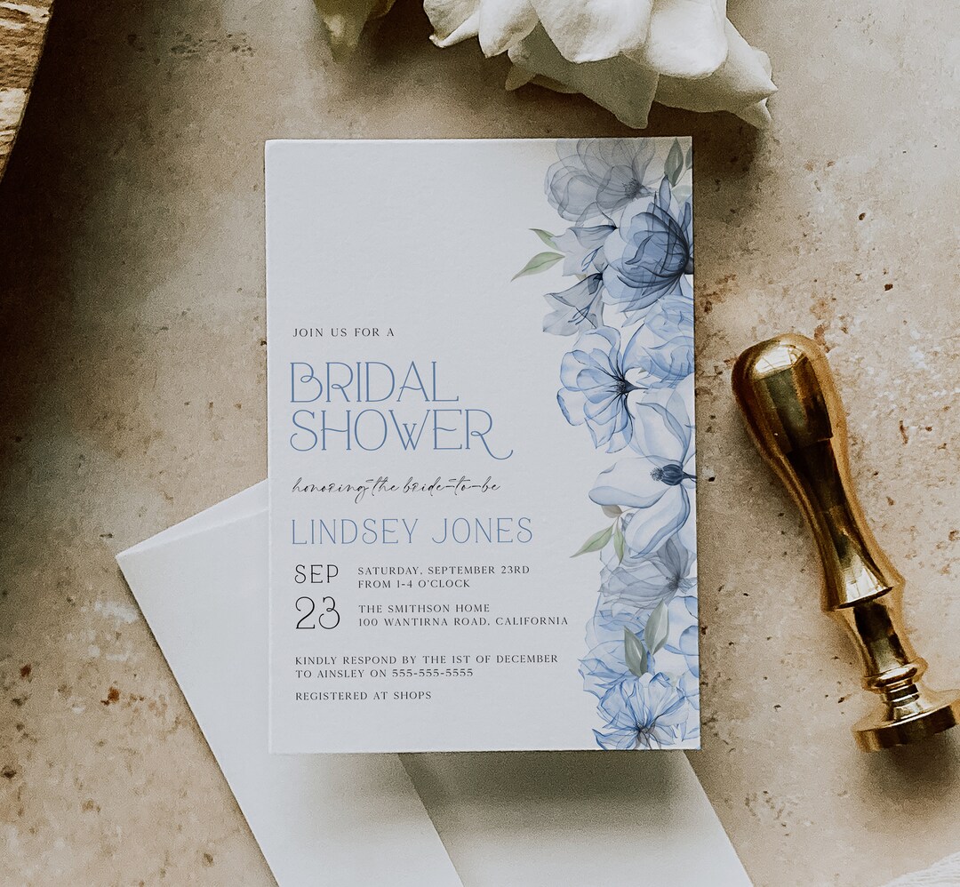 Dusty Blue Bridal Shower Invitation Template, Watercolor Blue Floral ...