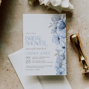 Dusty Blue Bridal Shower Invitation Template, Watercolor Blue Floral Bridal Shower Invite, Bohemian Bridal Shower, Printable Invite, BD153